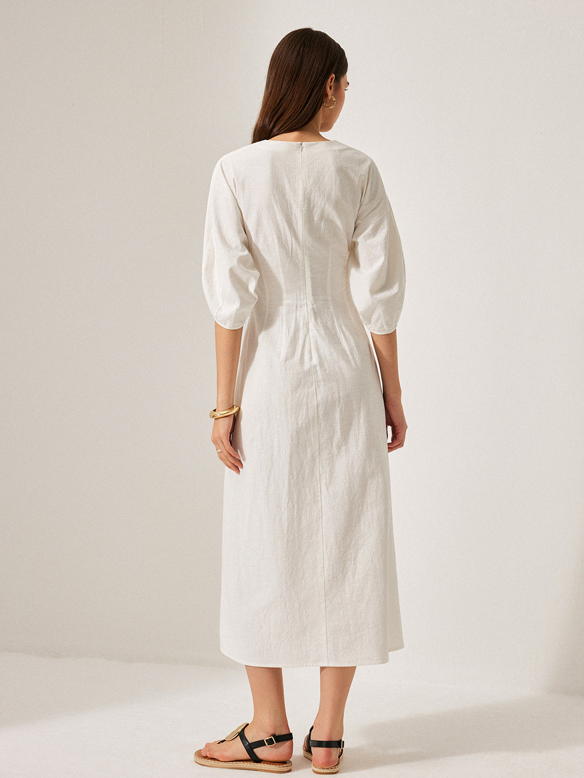 Cotton & Linen Puff Sleeve Dress Without Belt