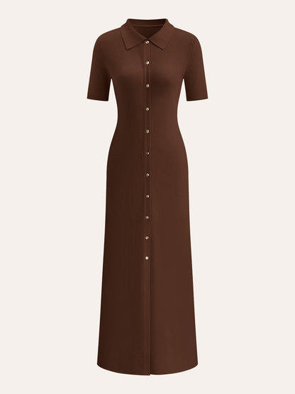 Metal Button Collar Midi Dress