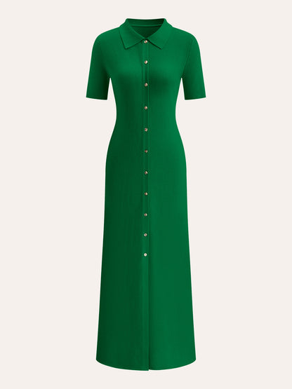 Metal Button Collar Midi Dress