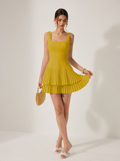 Square Neck Pleated Dress