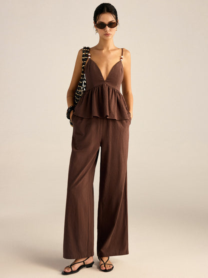 Cotton Peplum Beaded Straps Top and Pants set