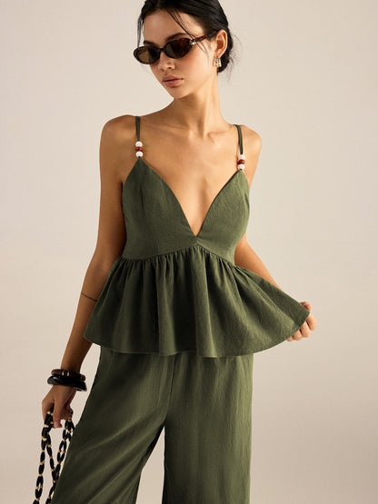 Cotton Peplum Beaded Straps Top and Pants set