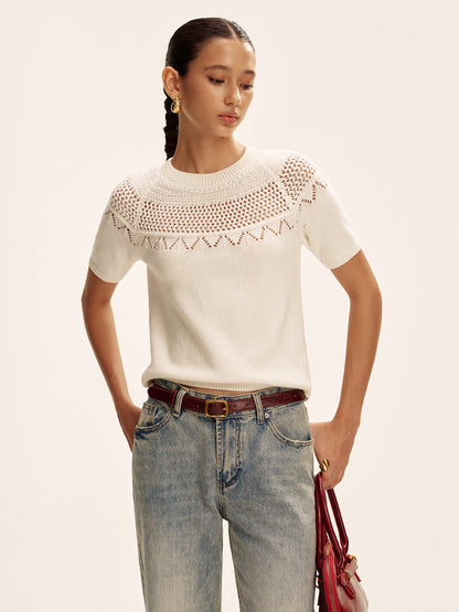 Short-Sleeve Eyelet Knit Sweater