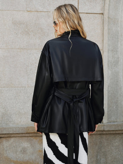 Stand Collar Belted PU Leather Quilted Jacket