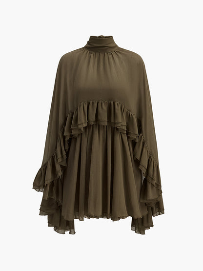 Semi-Sheer Chiffon Ruffle Dress With Outer Cape