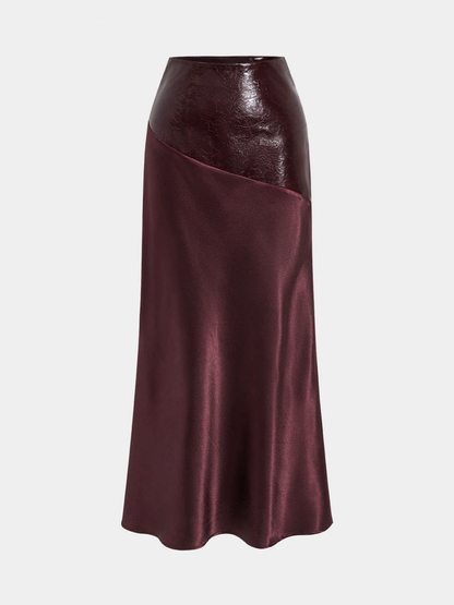 Faux Leather Panel Asymmetric Satin Maxi Skirt