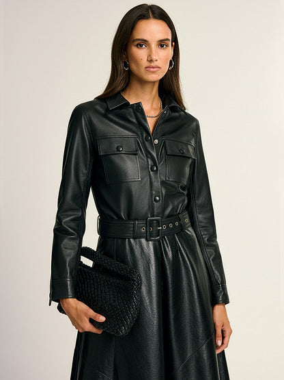 Belted PU Leather Cargo Shirt Jacket