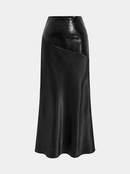 Faux Leather Panel Asymmetric Satin Maxi Skirt