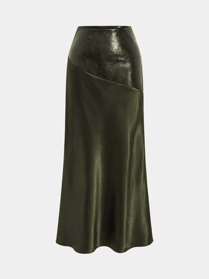 Faux Leather Panel Asymmetric Satin Maxi Skirt