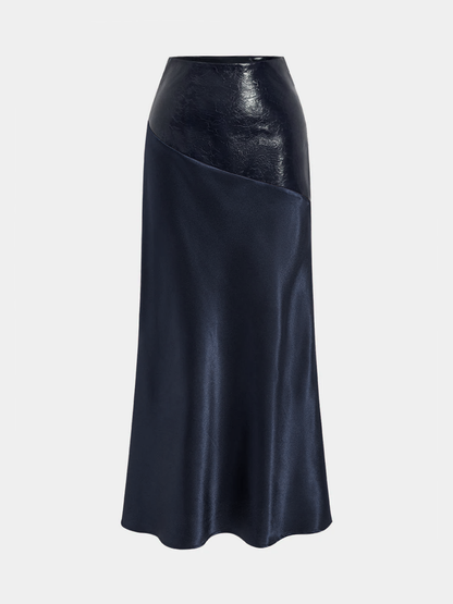 Faux Leather Panel Asymmetric Satin Maxi Skirt