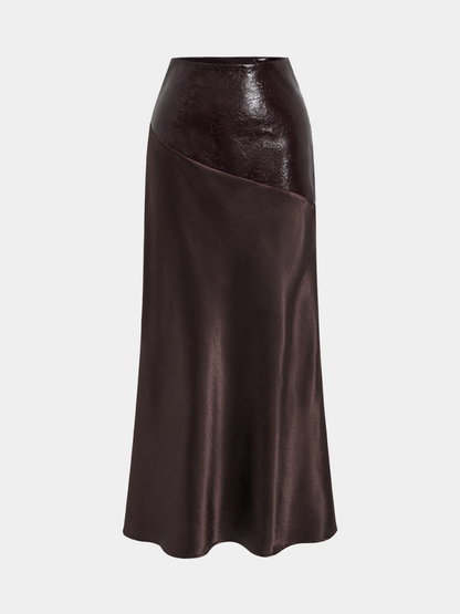 Faux Leather Panel Asymmetric Satin Maxi Skirt