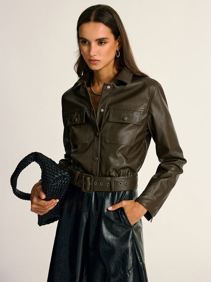 Belted PU Leather Cargo Shirt Jacket
