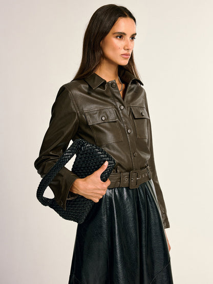 Belted PU Leather Cargo Shirt Jacket