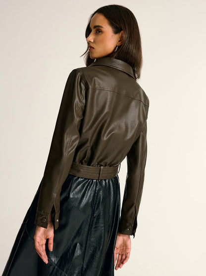 Belted PU Leather Cargo Shirt Jacket