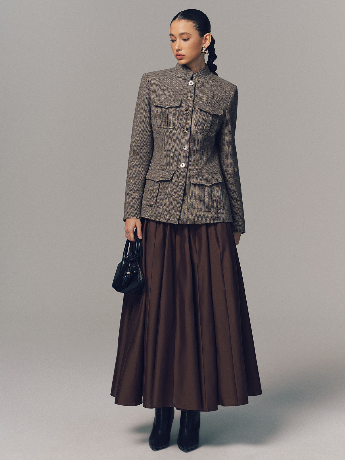 Herringbone Stand Collar Multi-Pocket Jacket