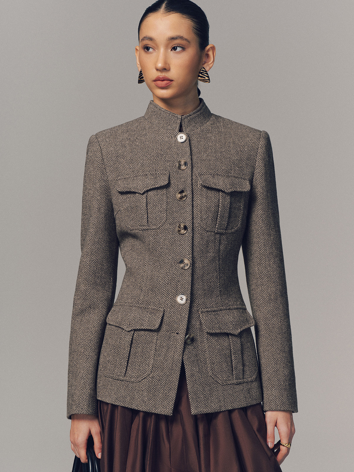 Herringbone Stand Collar Multi-Pocket Jacket