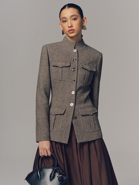 Herringbone Stand Collar Multi-Pocket Jacket