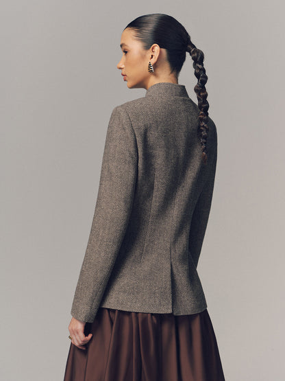 Herringbone Stand Collar Multi-Pocket Jacket