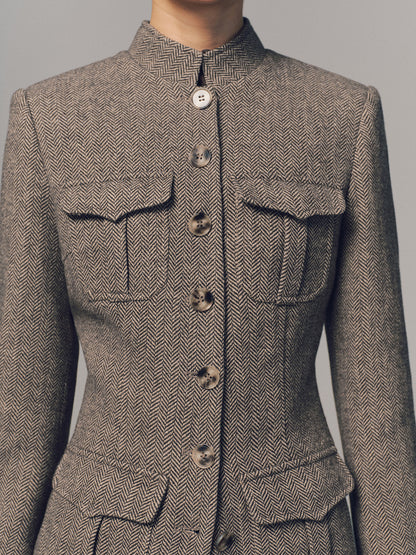 Herringbone Stand Collar Multi-Pocket Jacket