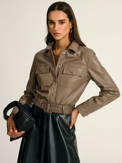 Belted PU Leather Cargo Shirt Jacket