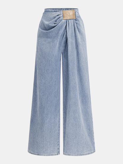 Asymmetrical Ruched Denim Wide-Leg Pants