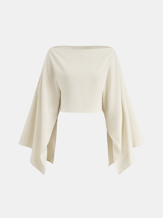 Dramatic Sleeve Linen-Blend Cropped Top